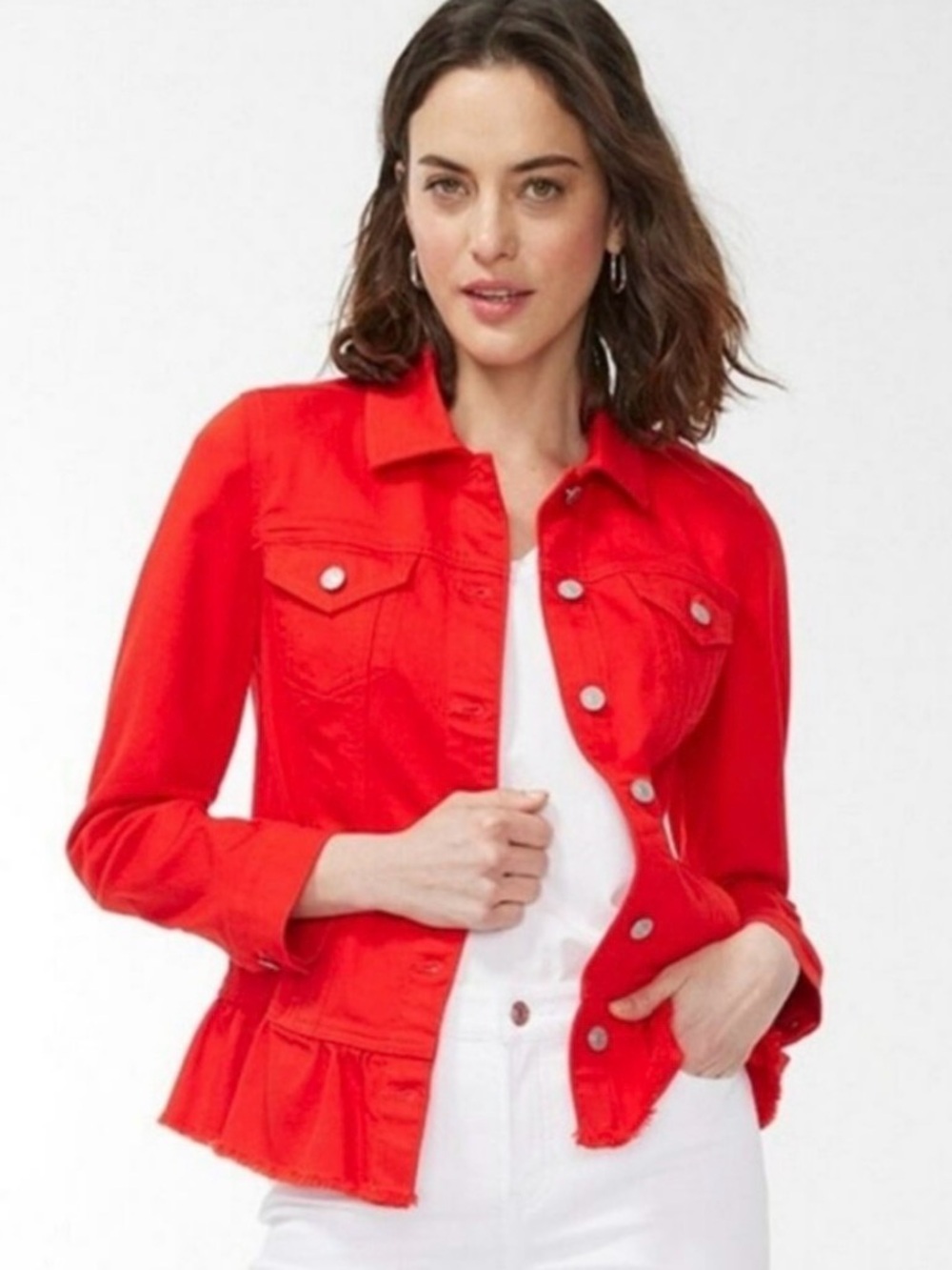 Chico’s Red Peplum Denim Jean Jacket XL